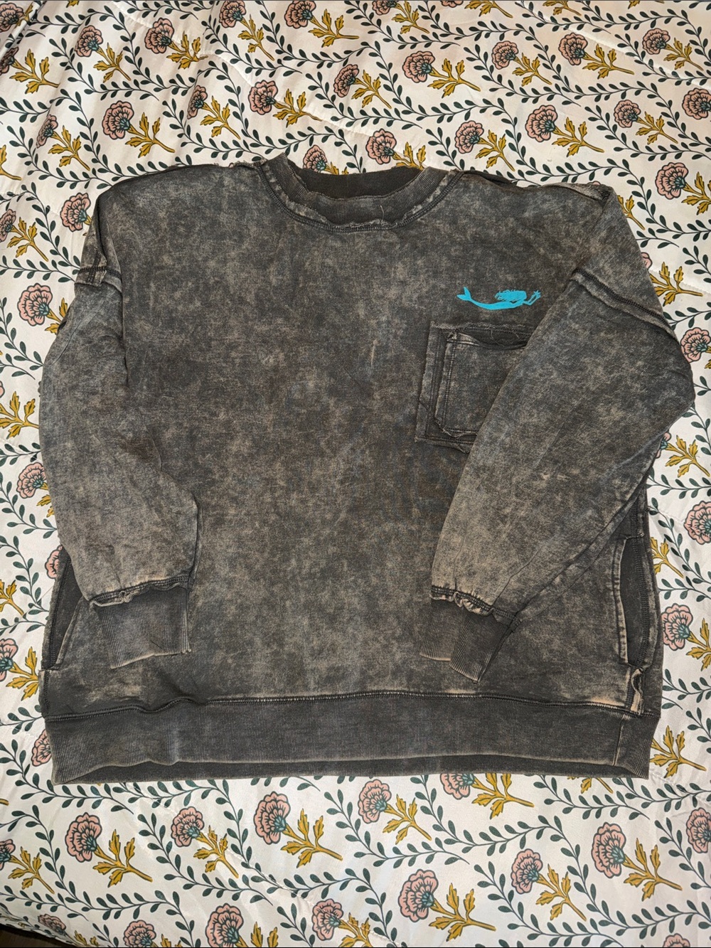 Zenana Outfitters Charcoal Washed Crewneck Sweatshirt with Teal Mermaid
